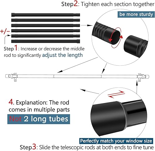 Miniatura 3 de TrencaHK Barra de cortina de 34 pulgadas de 139-160 pulgadas de largo, barras de cortina negras para ventanas de 116 a 144, barra de ventana