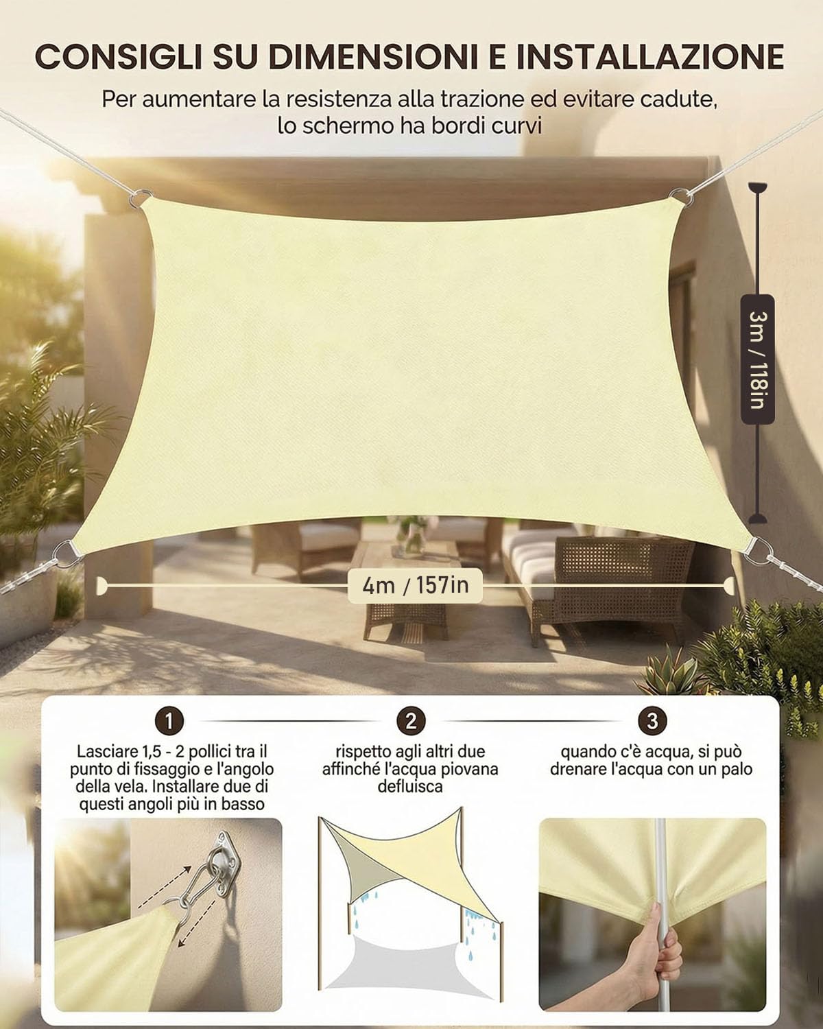 Vela d’Ombra Rettangolare 3x4m con Accessori di Montaggio, HDPE Impermeabile e Antivento, Protezione UV, Antistrappo, Traspirante, Per Balcone, Giardino e Terrazza, Beige