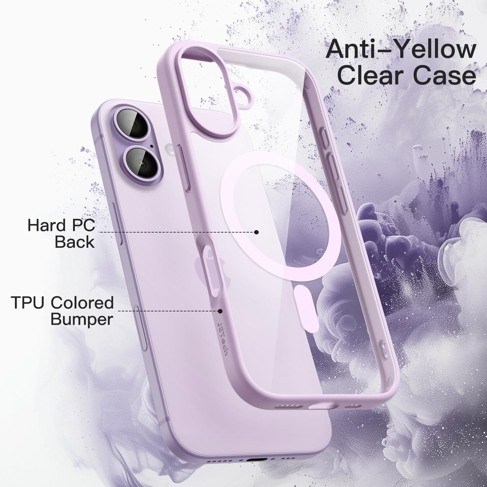 JETech Cover Magnetica per iPhone 17 6,3 Pollici Compatibile con MagSafe, Antiurto Paraurti Custodia, Solida Colore Opaco TPU Telaio, Anti-Graffio Retro Trasparente (Lavanda)