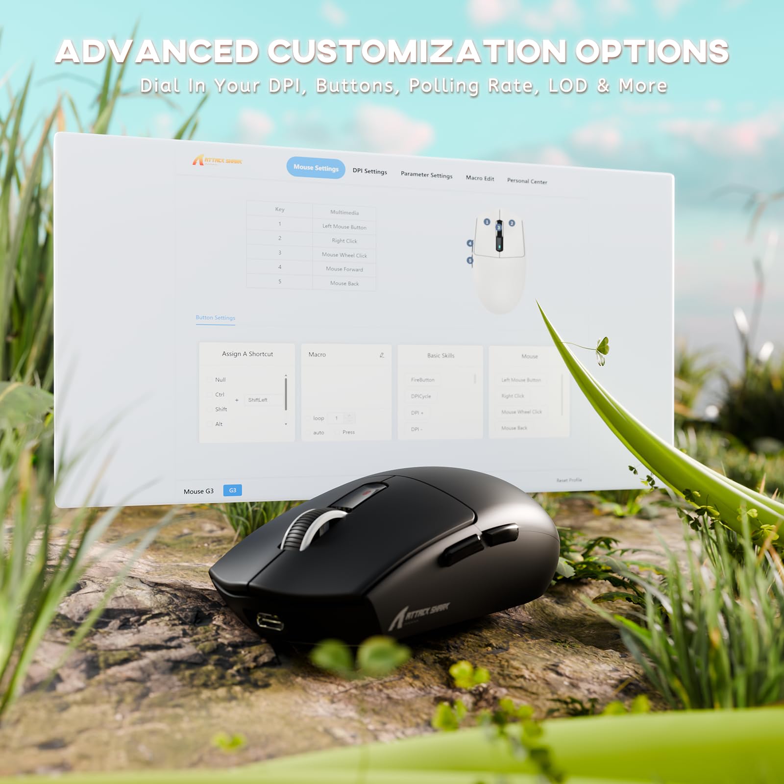 ATTACK SHARK G3 Mouse Gaming Wireless, 59g SUPERLIGHT, 25000 DPI, Sensore PixArt PAW3311, 80 Milioni di Click, Bluetooth/2.4G/USB-C Cablato, Batteria da 500mAh, per PC/Mac, Nero