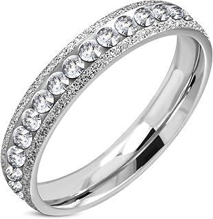 4 MM Stainless Steel Stardust Sandblasted Eternity CZ Comfort Fit Wedding Band Ring