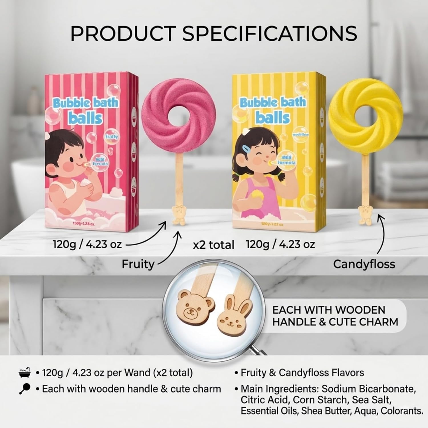 Cute Lollipop Bath Bomb, Colorful Bubble Bath Ball for Fun Bath Time, Bubble Blowing Bath Wand, Creative Swirl Fizzy Spa Gift, Bubble Bath Bar for Kids & Women (Pinkx3 & Yellowx3)