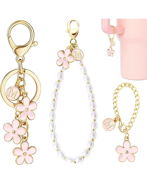 3PC Initial Letter Keychain Cute Pink Flower Key Chain Car Bag Purse Backpack Stanl...