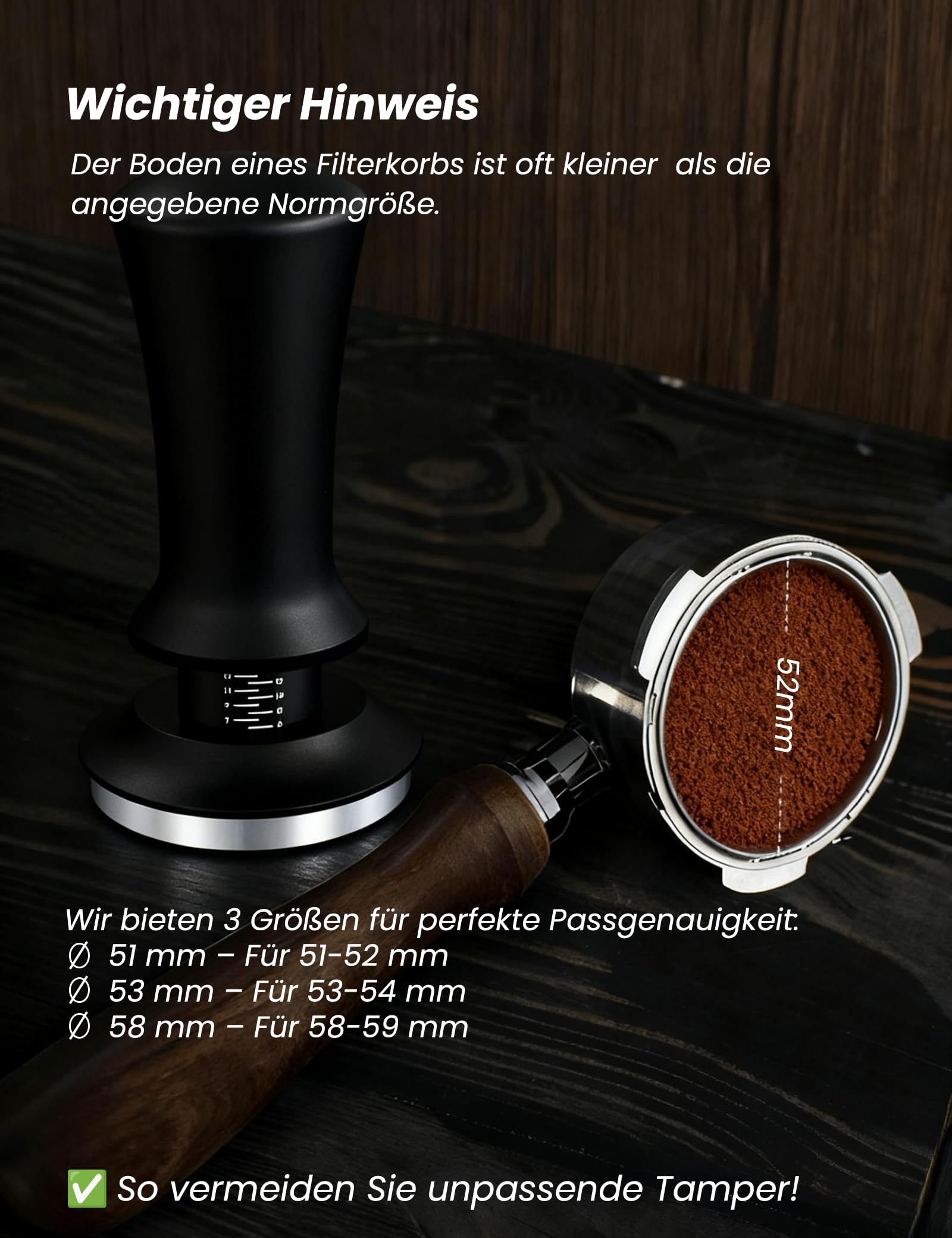 Kaffee Tamper 51mm, Edelstahl Espresso Tamper mit 15lbs Anpressdruck, 304 Edelstahl Base, Skalenanpassung, Kaffeepresse mit Tamper-Base Flat, für 51mm Bodenloser Siebträger