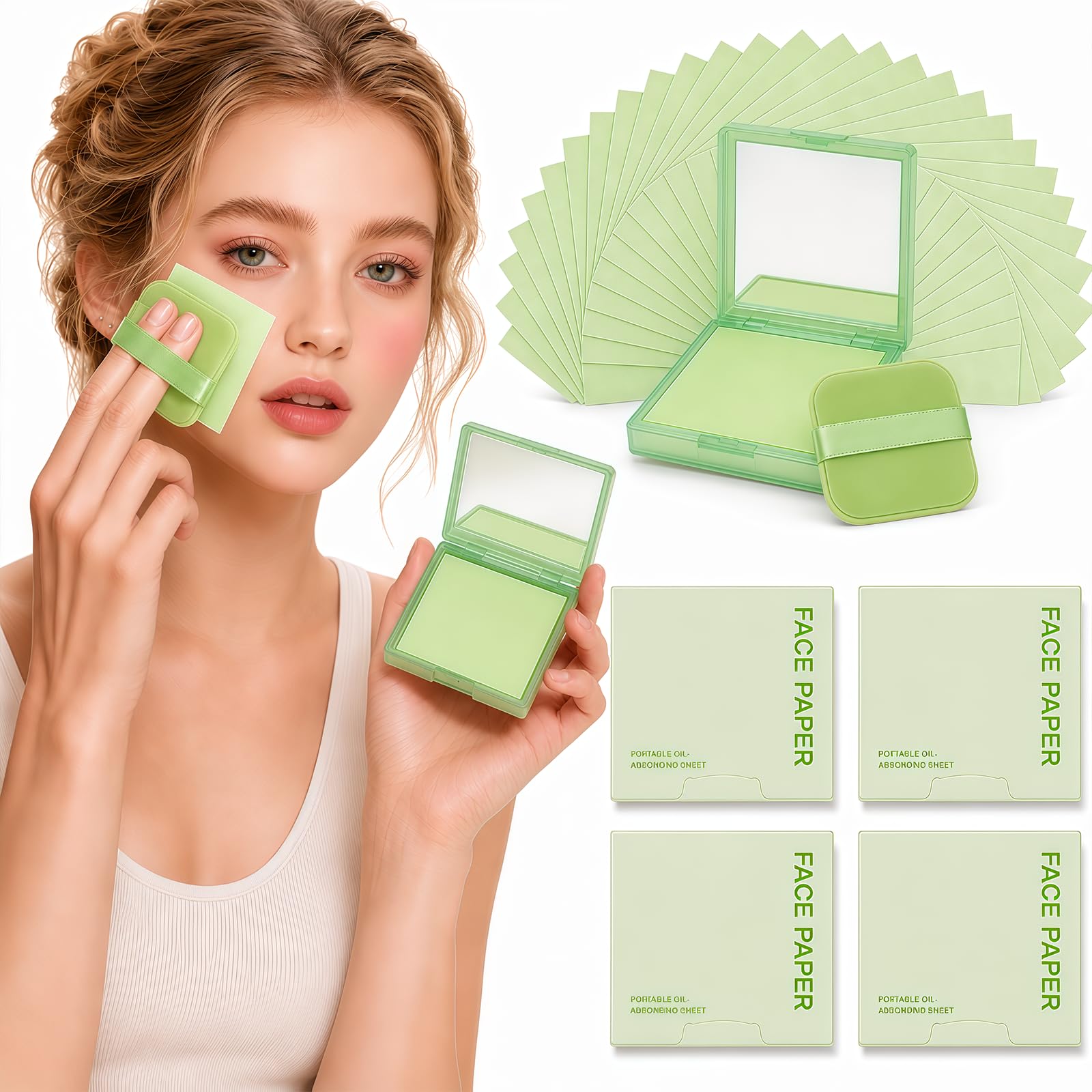 Oil Blotting Sheets for Face, 500 Pcs Blotting Papers for face with Mirror, Puff and Refill Pack, Rapidly absorb excess oils Makeup Friendly for Women with Oily Skin (Light Green Green Tea Scent)