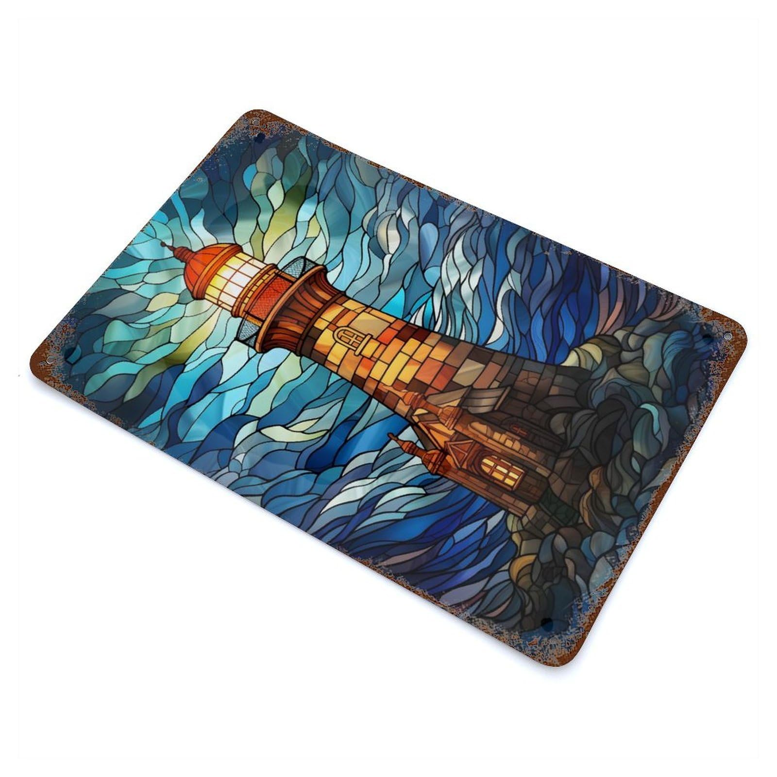 Lighthouse Stained Glass 11.8"x7.9" Vintage Rust Metal Sign, Shabby Chic Decor for Garage, Bar And Workshop Decor