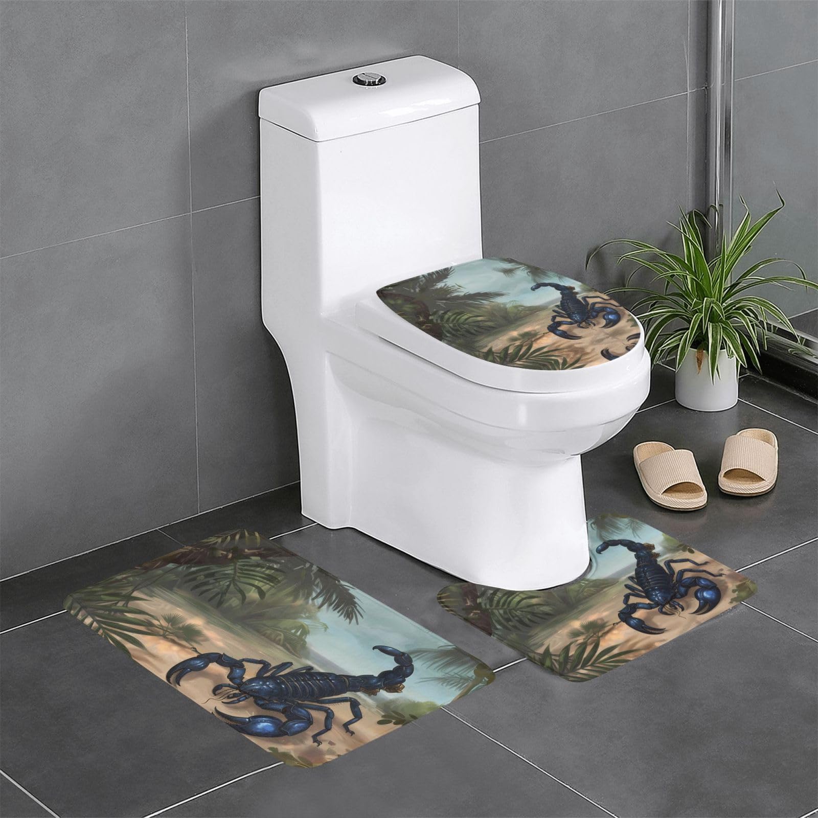 Tapis de salle de bain bleu scorpion en lot de 3 pour toilettes et coiffeuse