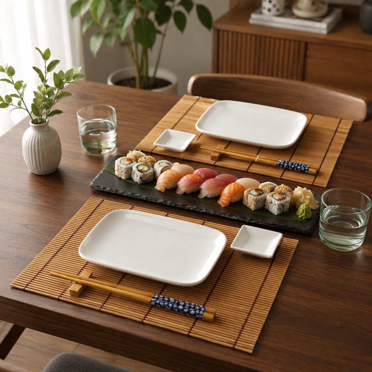 Exzact Set Sushi Stile Orientale – 10 Pezzi: 2 Piatti Sushi, 2 Vassoi per Salsa, 2 Stuoie di Bambù, 2 Coppie di Bacchette in Bambù