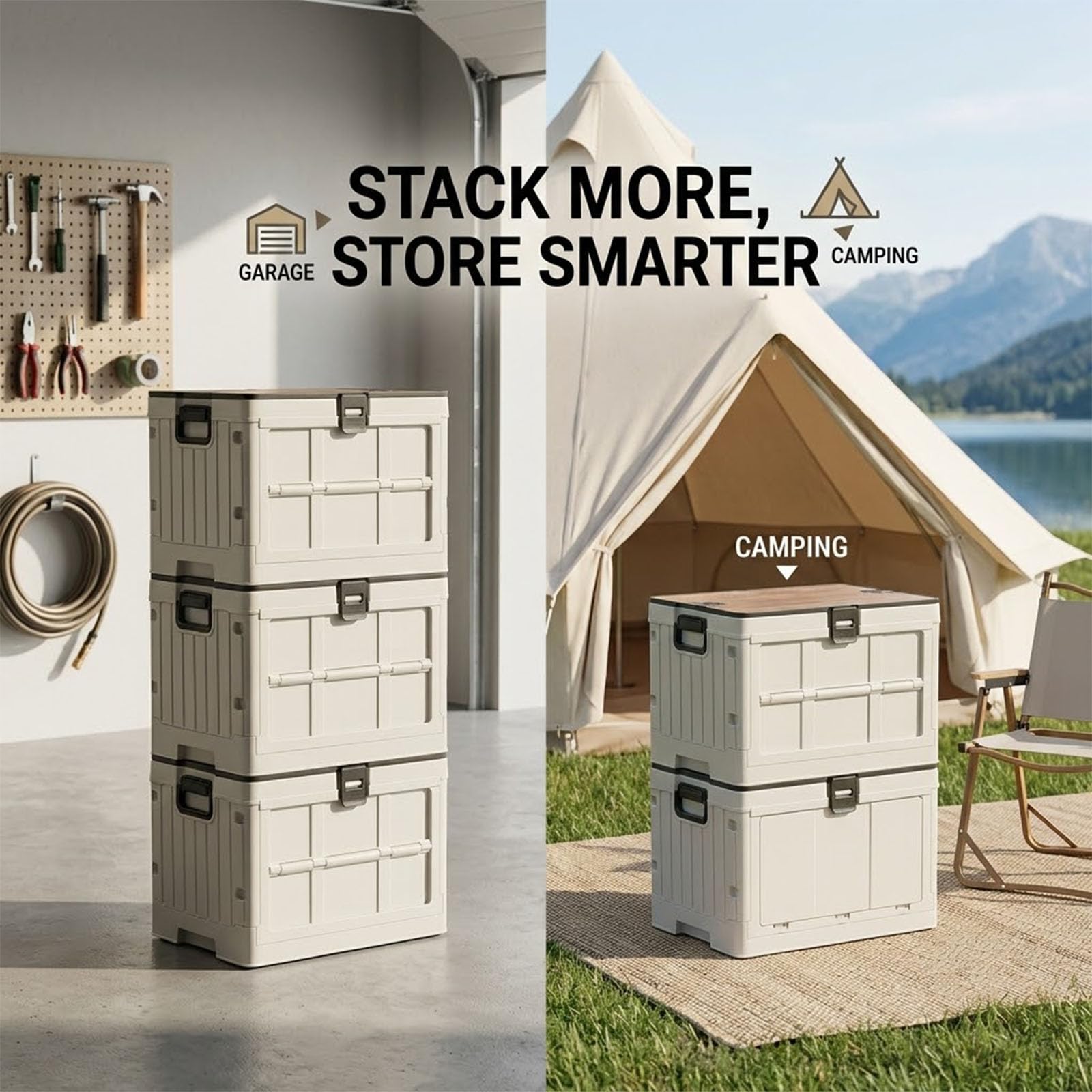 Camping Aufbewahrungsbox Faltbar mit Tisch & Seitenkorb | Kofferraum Organizer für Camping, Wohnmobil Reisen, Picknick und Outdoor Ausrüstung mit multifunktionaler Nutzung