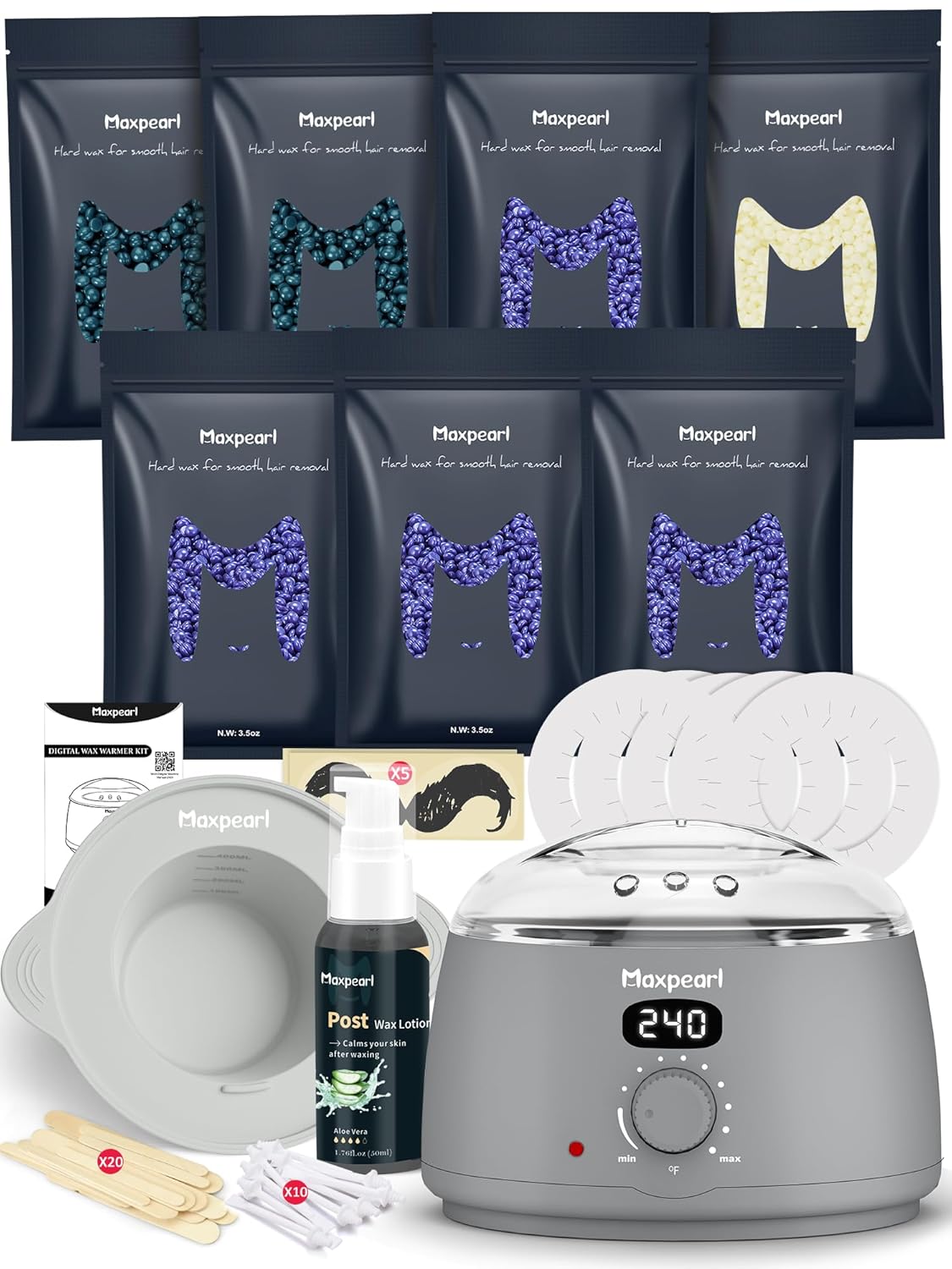 Maxpearl Waxing Kit for Men with Silicone Liner, 7 Packs of Hard Wax Beads (1.53LB total) & Wax Accessories for All Over Use - Nose, Eyebrows, Face, Mustache, Underarms, Back, Chest, Legs and More