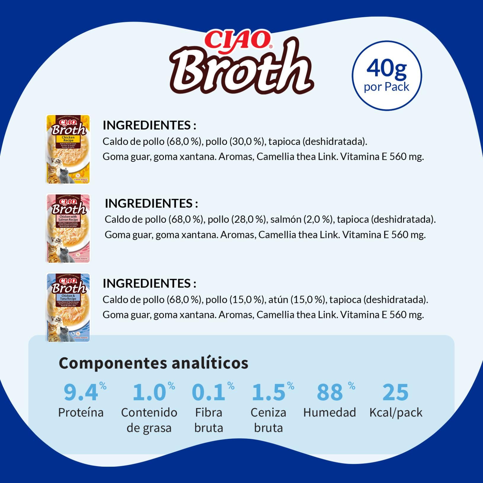 INABA Ciao Broth Gatos - Receta Saludable de Caldo de Pollo, 3 Sabores Diferentes - Comida Húmeda con Tiras de Pollo, Salmón y Atún - Natural, sin Cereales - 960g (24 Sobres x 40g)