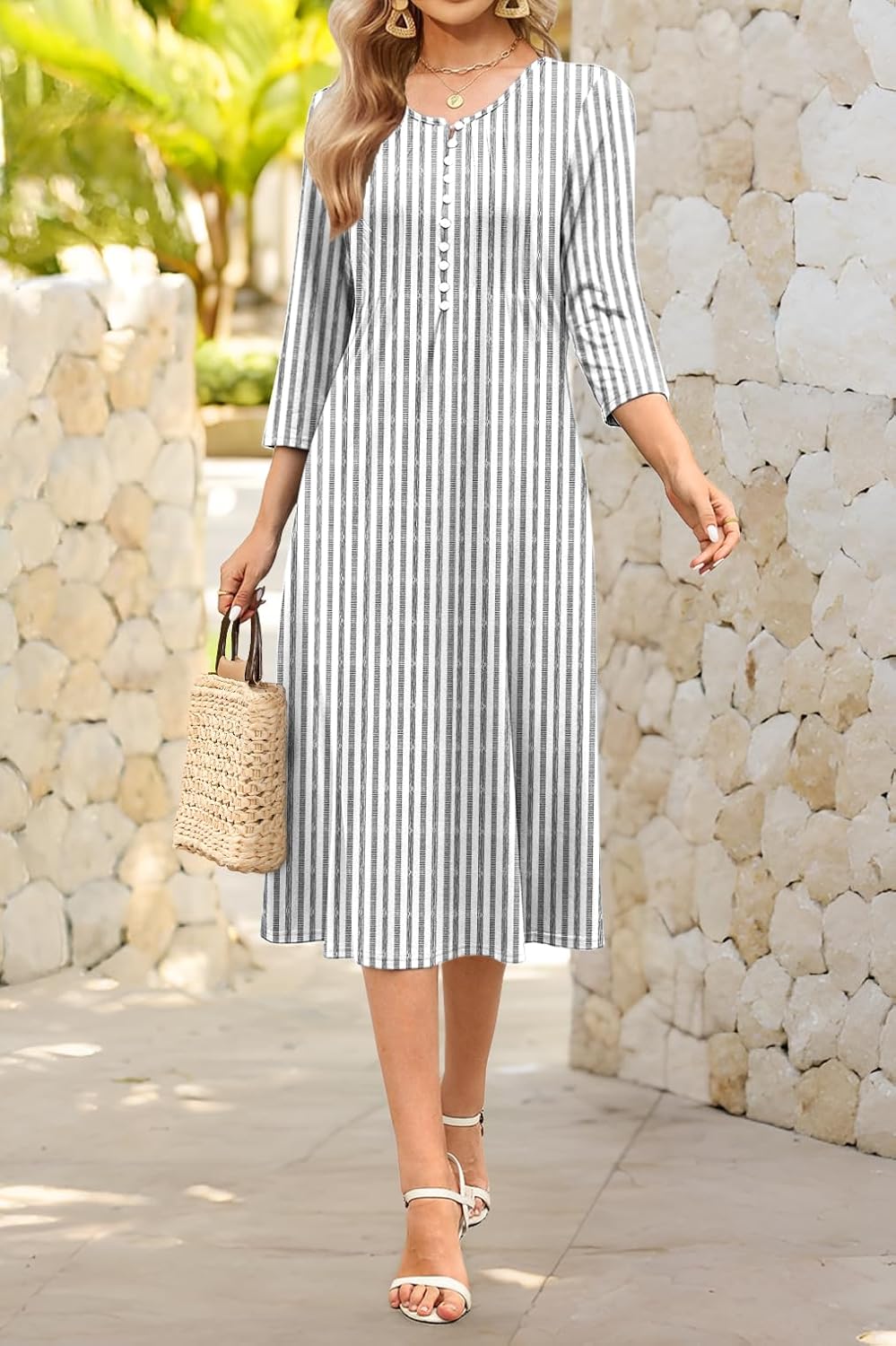 Soesdemo Long Sleeve Dress for Women Casual V Neck Pleated Button Down 3/4 Sleeves Knee Length Midi Dresses with Pockets - Image 2