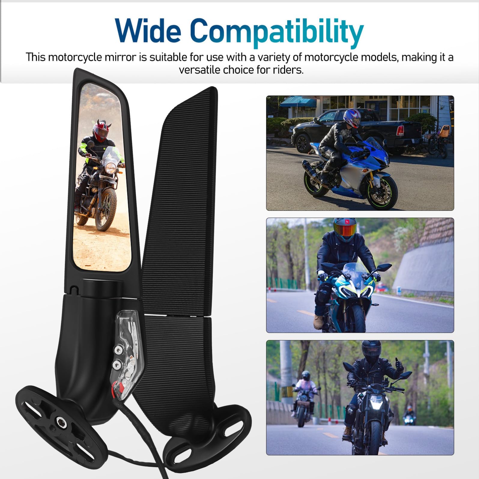 Hemobllo Specchietto Laterale per Motocicletta Luci Integrate, Set di Specchietti Retrovisori Pinna Alare, Adatti per Uso Urbano e Stradale, Montaggio Semplice su Manubrio