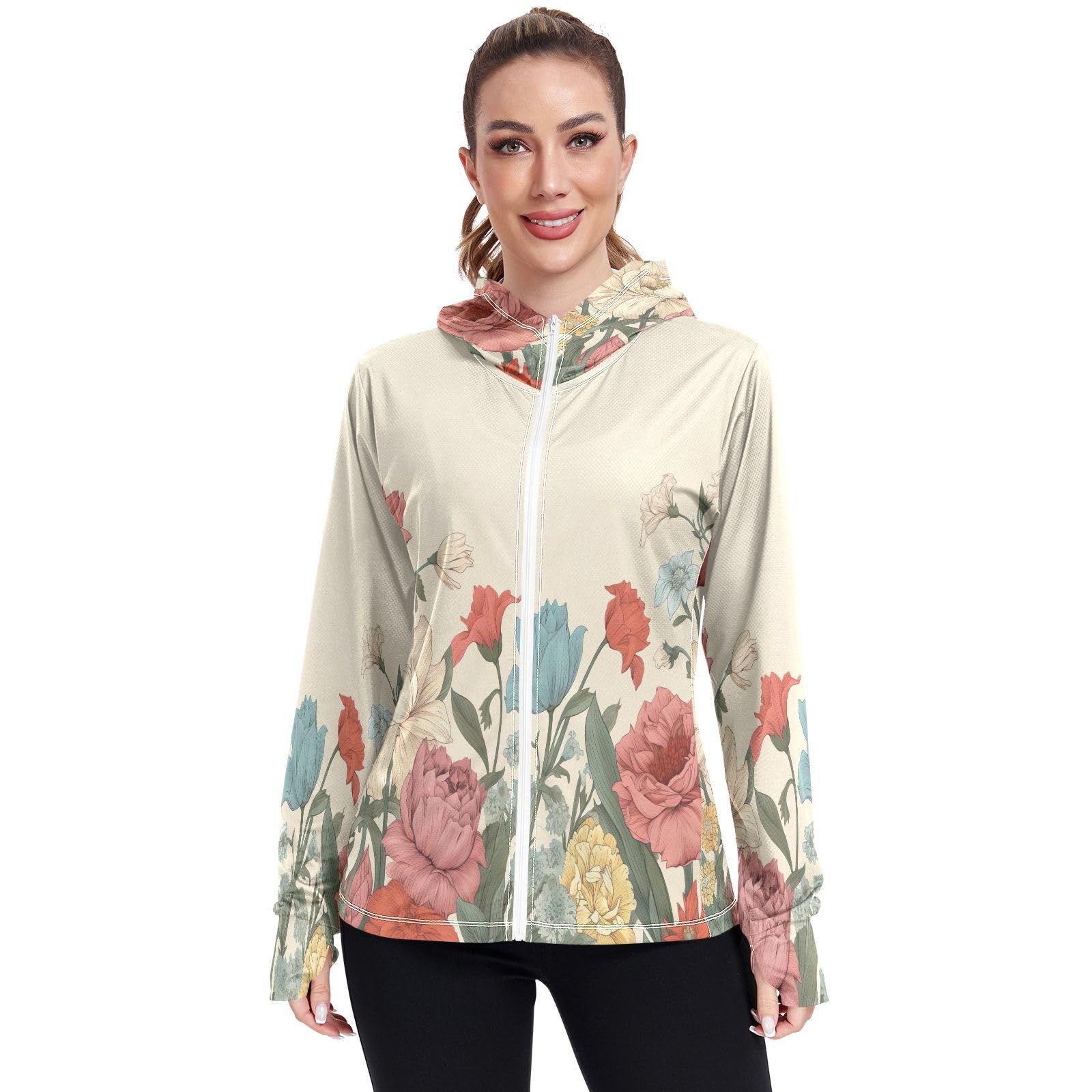 Kigai Flower Women's UPF 50+ Sun Protection Hoodie Jacket with Pocket Zip Long Sleeve Sun Shirt for Gardening Hiking Outdoor