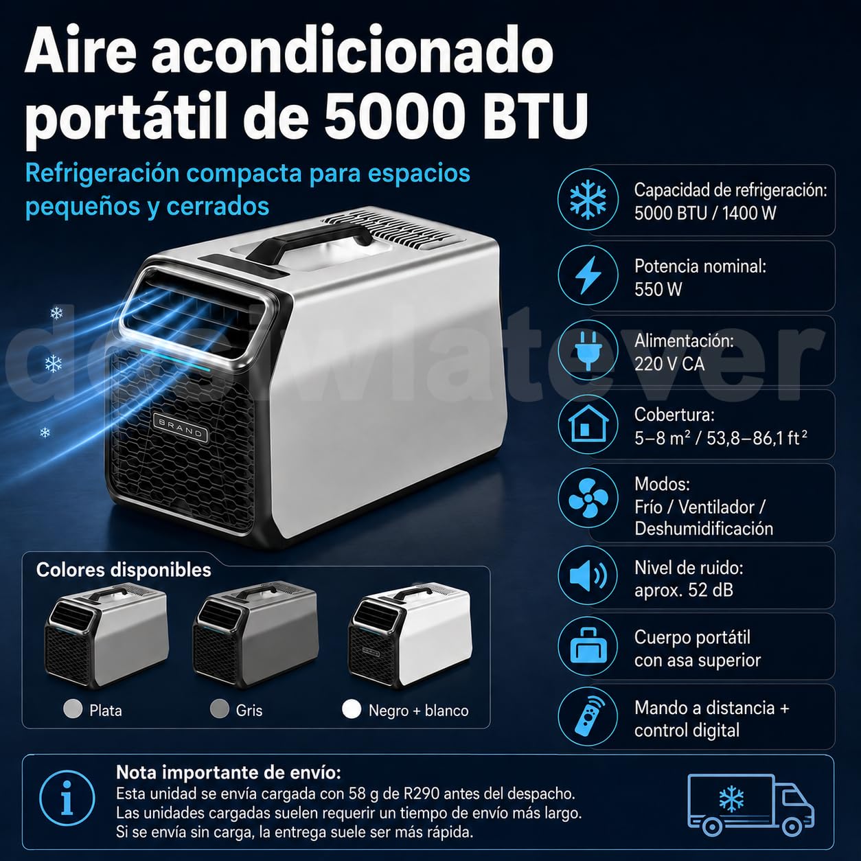 Nuevo aire acondicionado portátil 5000 BTU, 220-240V para casa y caravana, con filtro lavable, modo deshumidificación, temporizador y modo sueño, ideal para habitaciones, oficina o van Silver-220V