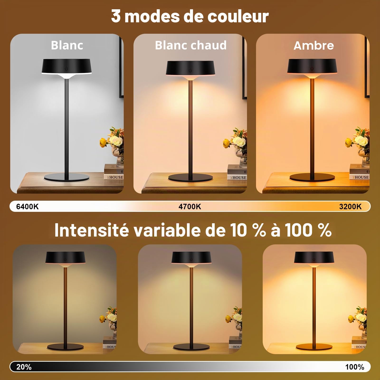 Lampe de Table LED Sans Fil & Solaire d'Extérieur avec Interrupteur Tactile, Rechargeable par USB, 3 Températures de Couleur, Intensité Variable en Continu pour Intérieur & Extérieur (Noir*Lot de 2)