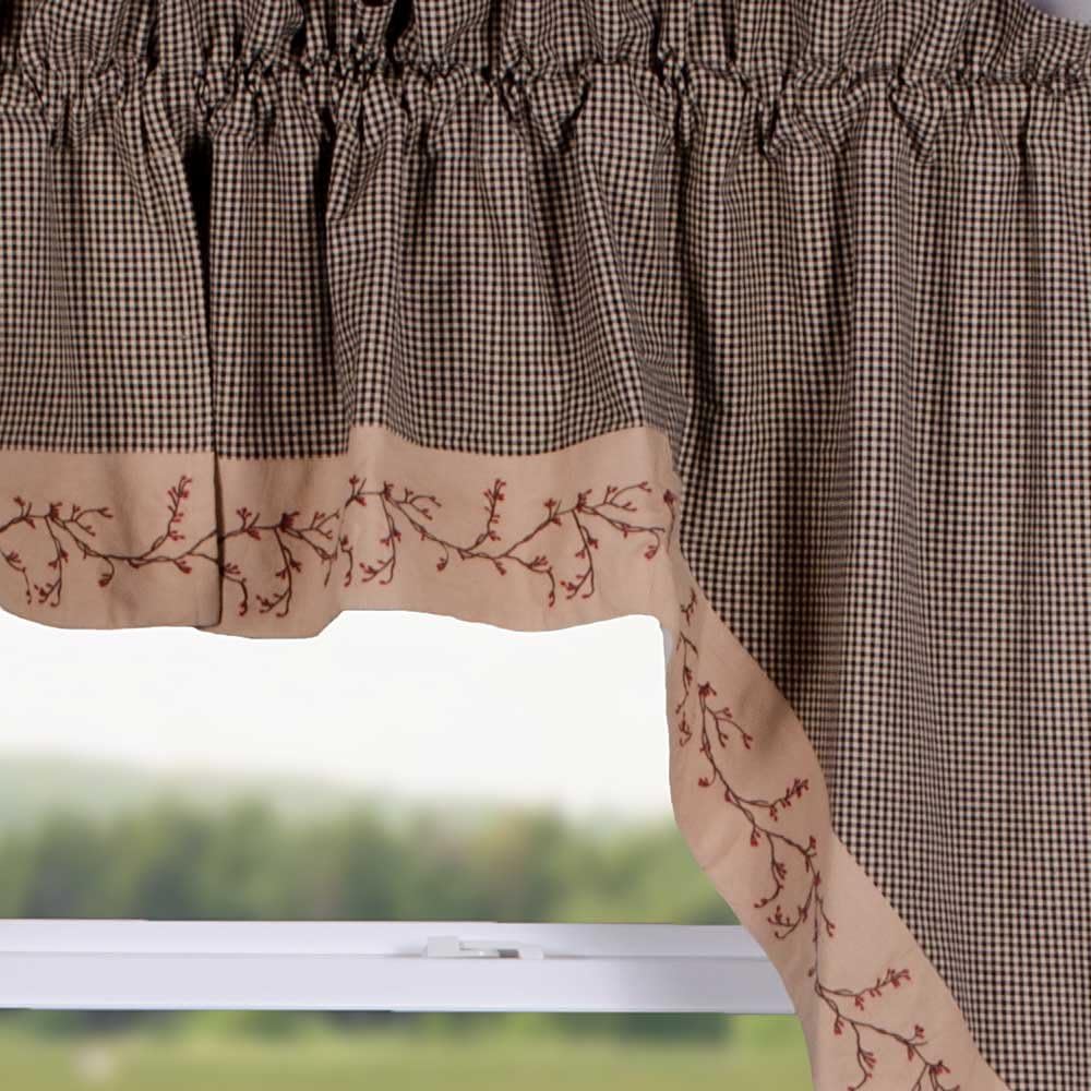 Berry Vine Gingham Black and Nutmeg 72" Wide x 36" Long Cotton Lined Curtain Swag