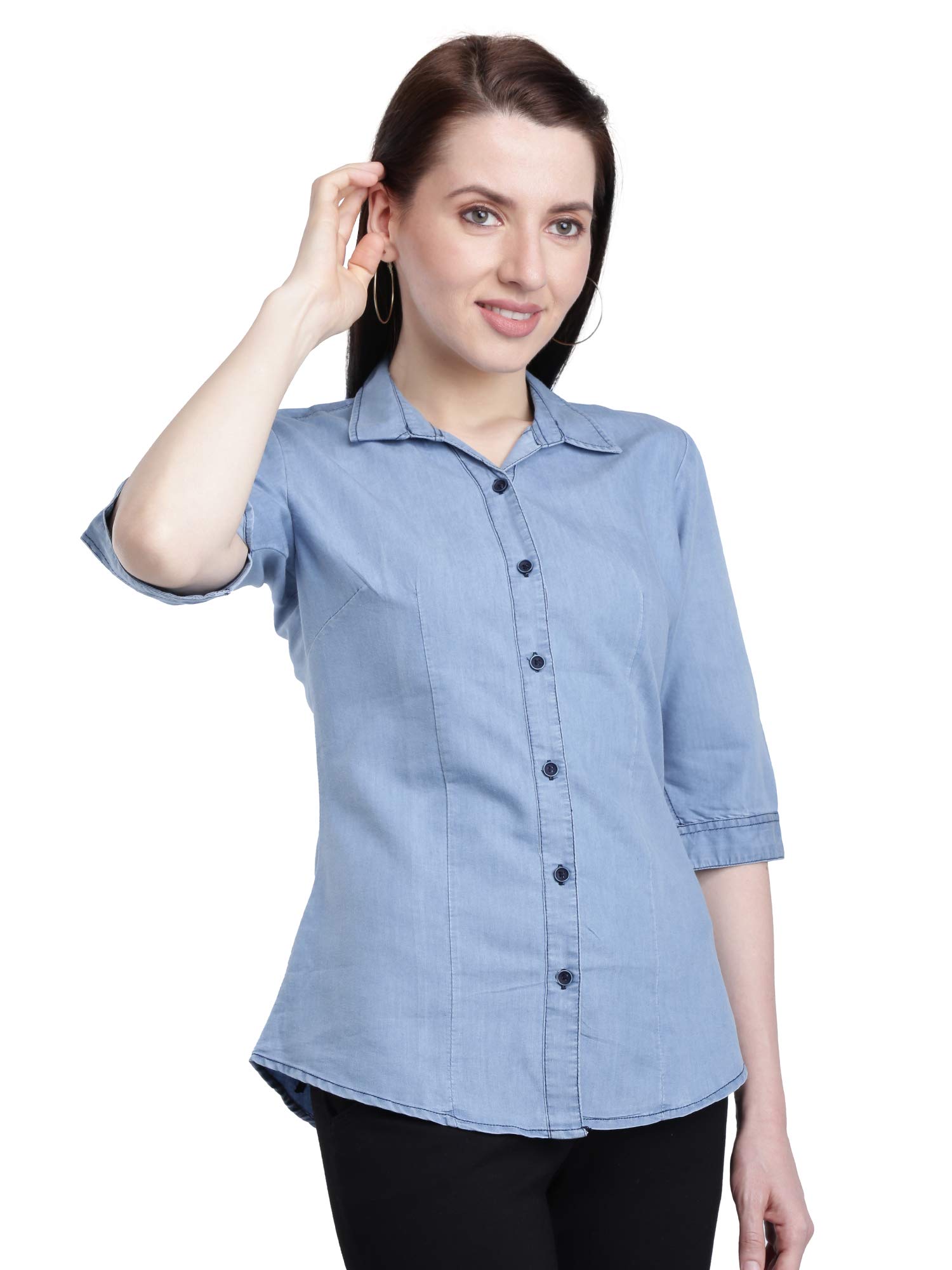 women denim shirt | regular fit | solid pattern, 3/4 sleeve | collared neck | stylish western trendy | lightweight, comfortable, front button, fashionable, relaxed fit, everyday wear, blue color