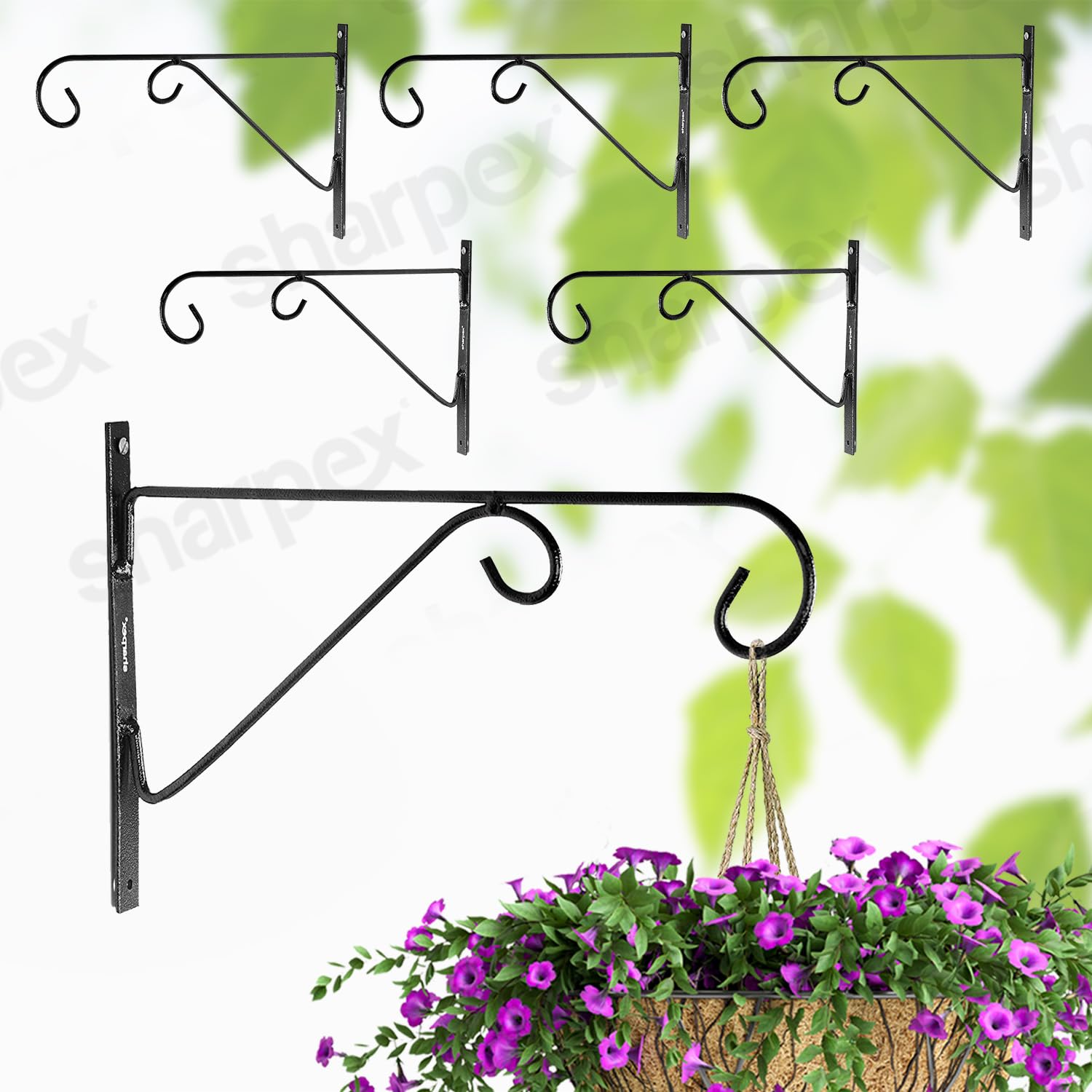 SharpexWall Mounted Metal Bracket for Hanging Pots, Bird Feeders, Flower Baskets, Planters, Lanterns, Wind Chimes Indoor/Outdoor Use Black, 6 Pc CO6 BRK BL 008, Design 1, Pack of 6