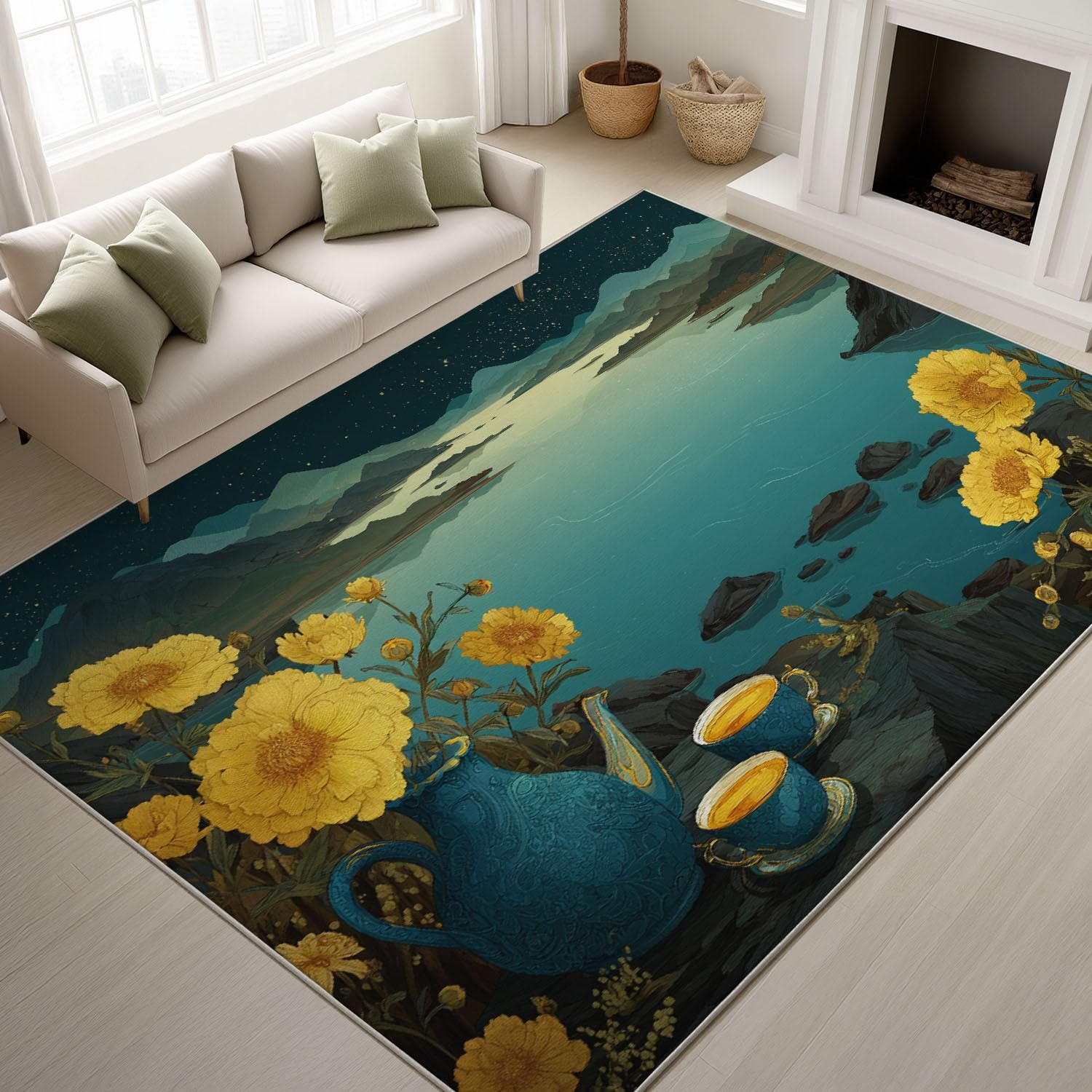 Tapis de chambre lavable cyan 60x180 cm avec motif vase et fleurs antidérapant