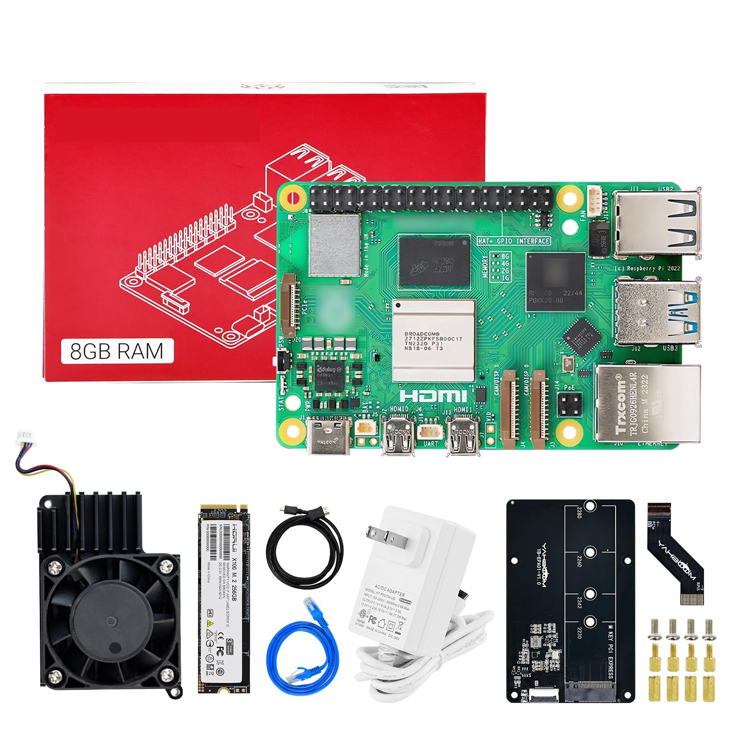 Yahboom Raspberry Pi 5 8GB Starter Kit with PCIe to M.2 Expansion Board, 256GB SSD, 27W 5.1V/5A Power Adapter Linux System Provide Openclaw Deployment