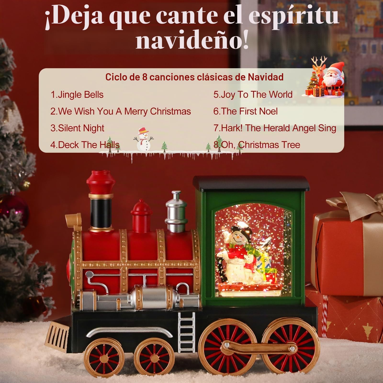 Lewondr Bola de Nieve Musical Navidad, Tren y Muñeco de Nieve Brillo Remolinoso Agua, Globo con Temporizador 6 Horas, Decoración para Navidad Hoildays Año Nuevo