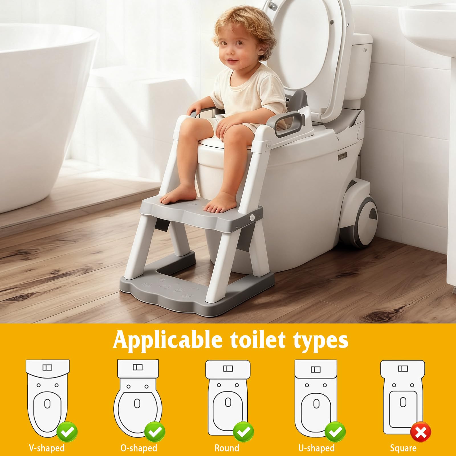 Riduttore WC Bambini con Scaletta, Stabilizzare Riduttore Water Bambini con Struttura Trapezoidale, 2 in 1 Pieghevole Adattatore WC per Bambini con PVC Morbida Seduta, Riduttore per Tazze WC a V, U, O