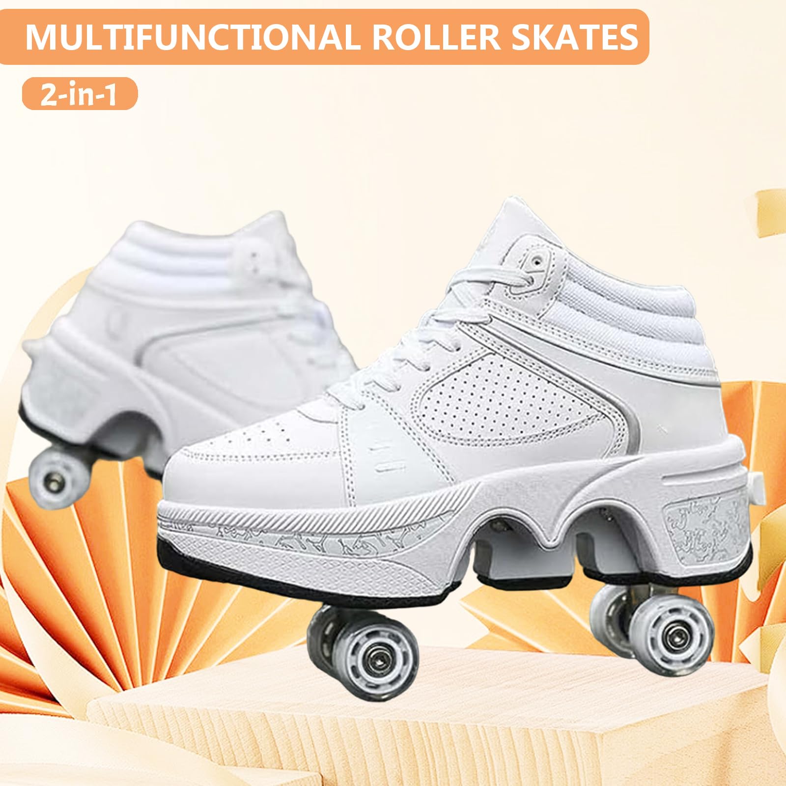 2-in-1 Roller Skate Shoes for Women Men, Double-Row Deform Retractable Removable Roller Skates, Shoes with Wheels for Girls/Boys, Sneakers with Wheels for Outdoor (White High Top, Women 8.5/Men 8)