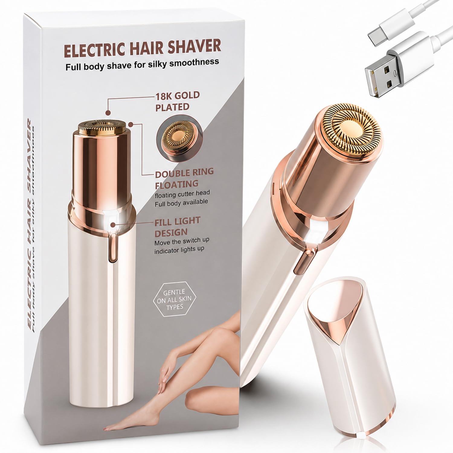 Gesichtshaarentferner für Frauen – Elektrischer Gesichtsrasierer mit Licht, Haarentfernung für Oberlippe, Kinn & Wangen – Farbe Champagner