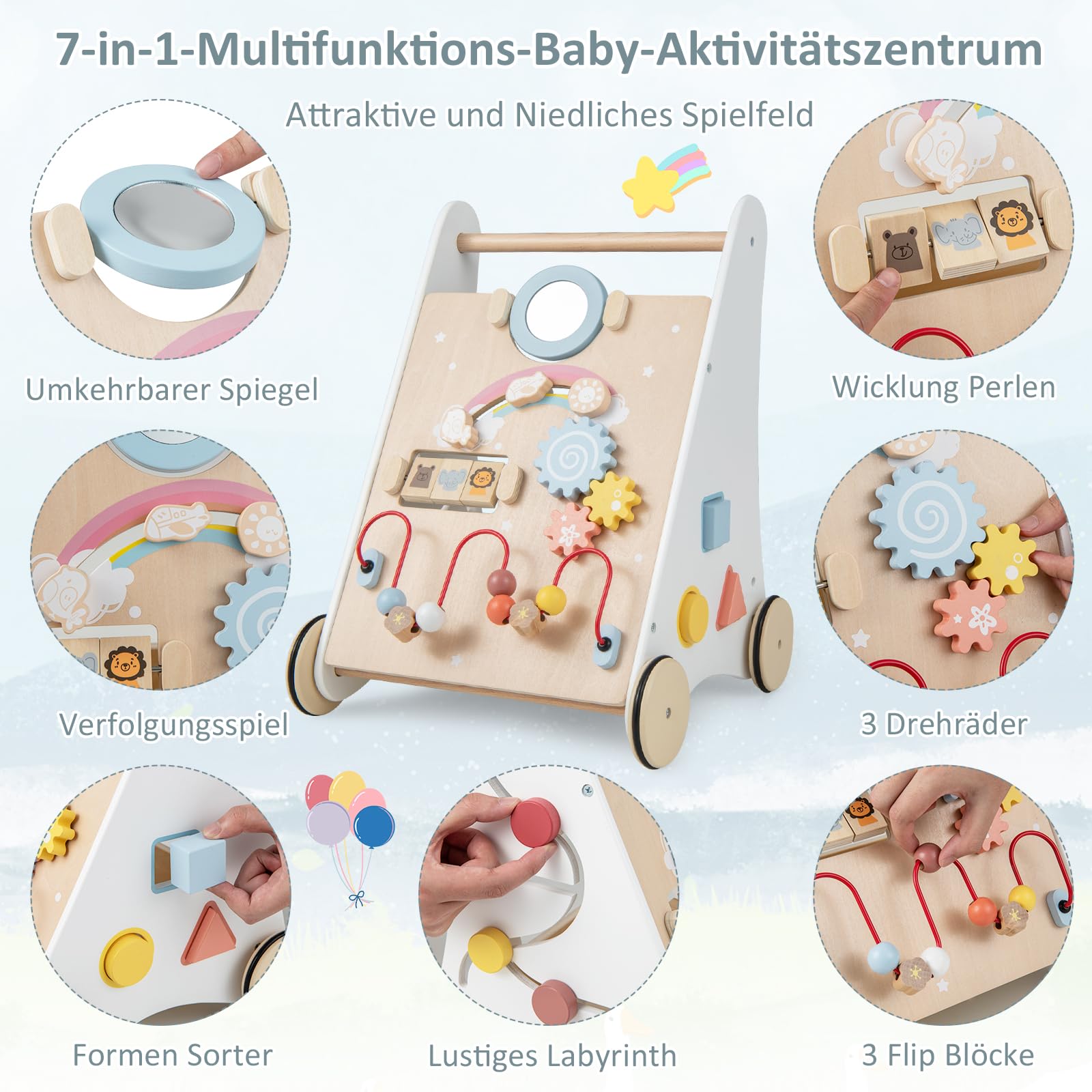 DREAMADE Lauflernwagen Holz, Lauflernhilfe ab 1 Jahr, Baby Gehhilfe mit Spiegel & Spielzeug, Gehfrei Baby Holzspielzeug für Jungen & Mädchen (Modell 1-Weiß)