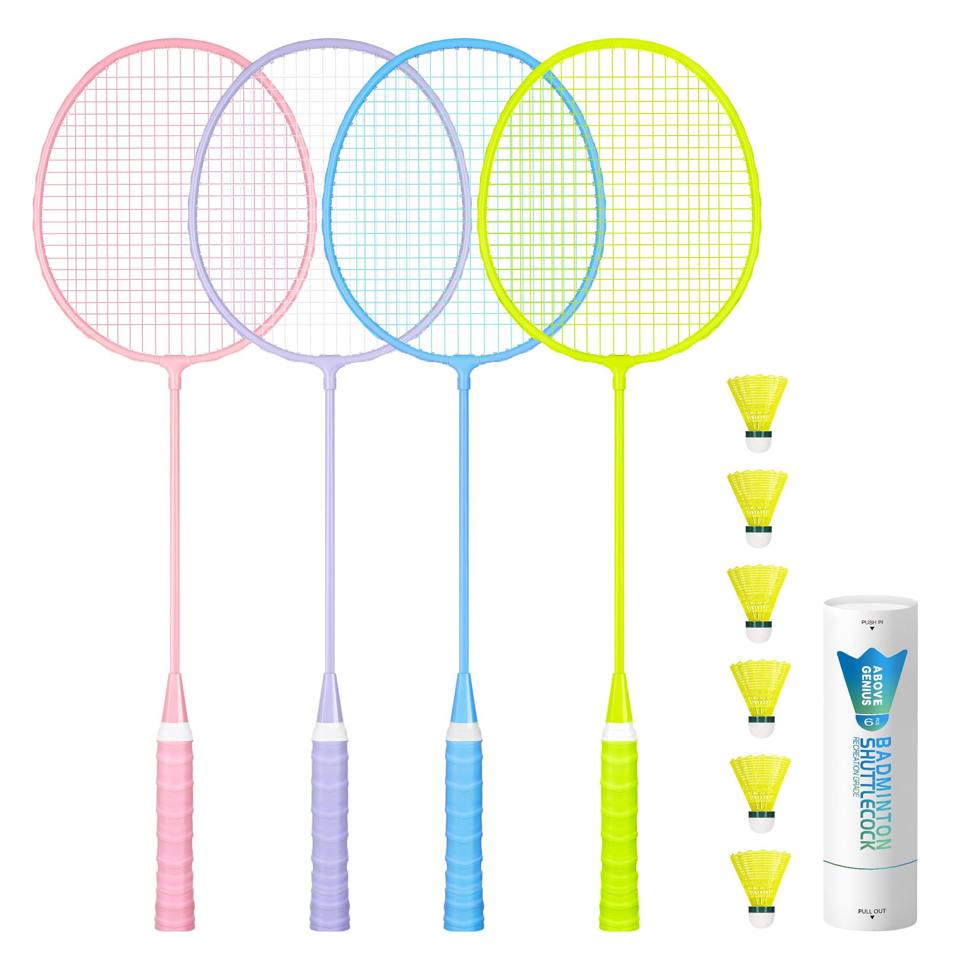 AboveGenius Badmintonschläger-Set, 2/4 Farben, leichtes Badminton-Set enthält 2/4 Schläger, 6 Vögel, Outdoor-Hinterhof-Spiele, Schläger für Familienanfänger