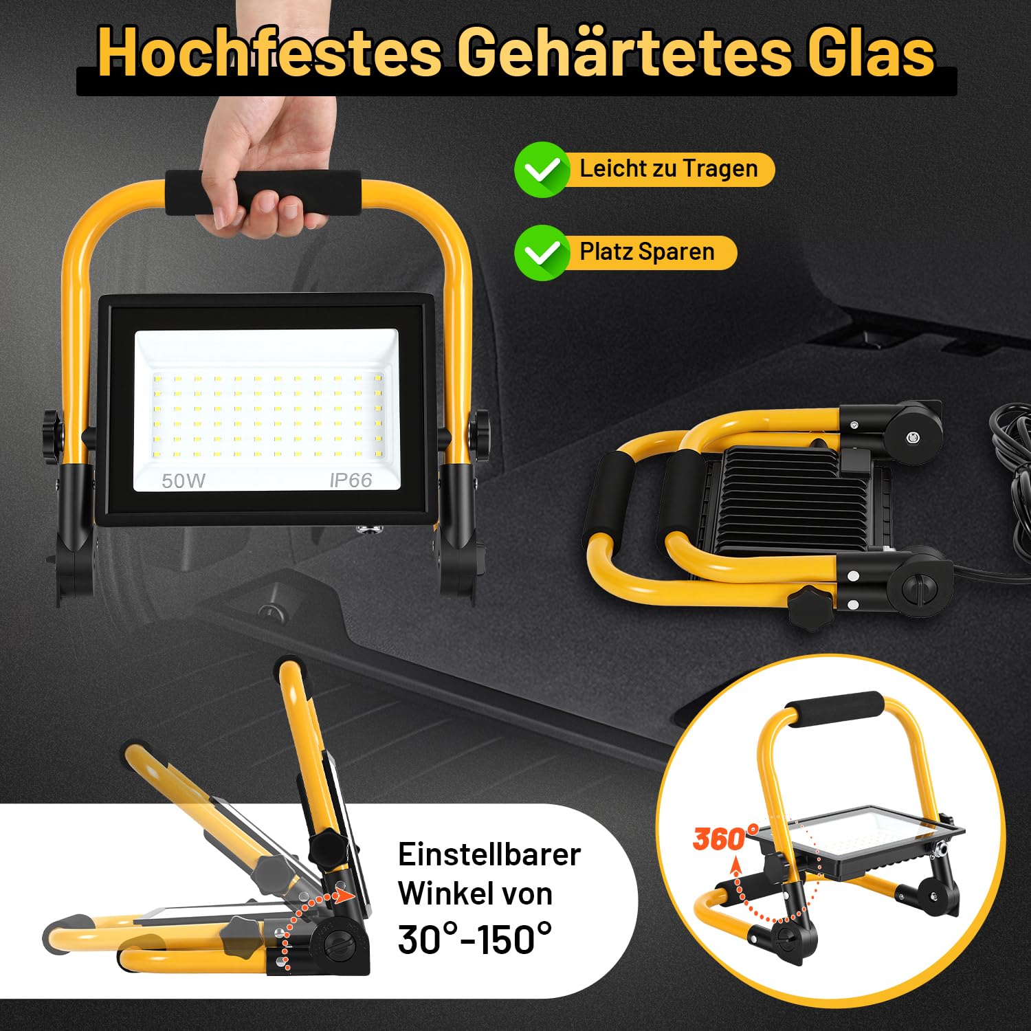 2 x reflektor budowlany LED, 50 W, 4000 lm, IP66, kabel 3 m, lampa