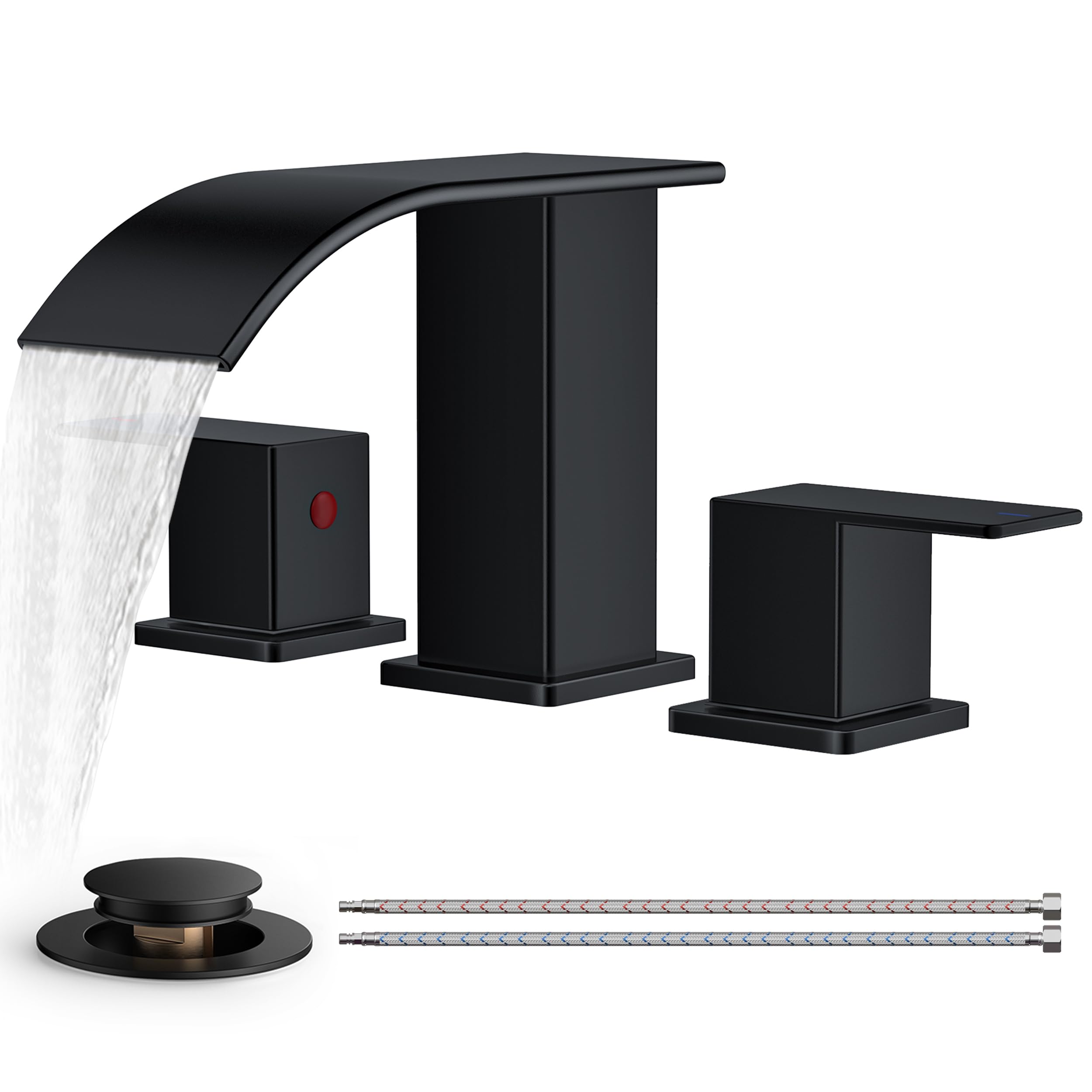 FORIOUS Waterfall Bathroom Faucets, Black Bathroom Faucet 3 Hole ...