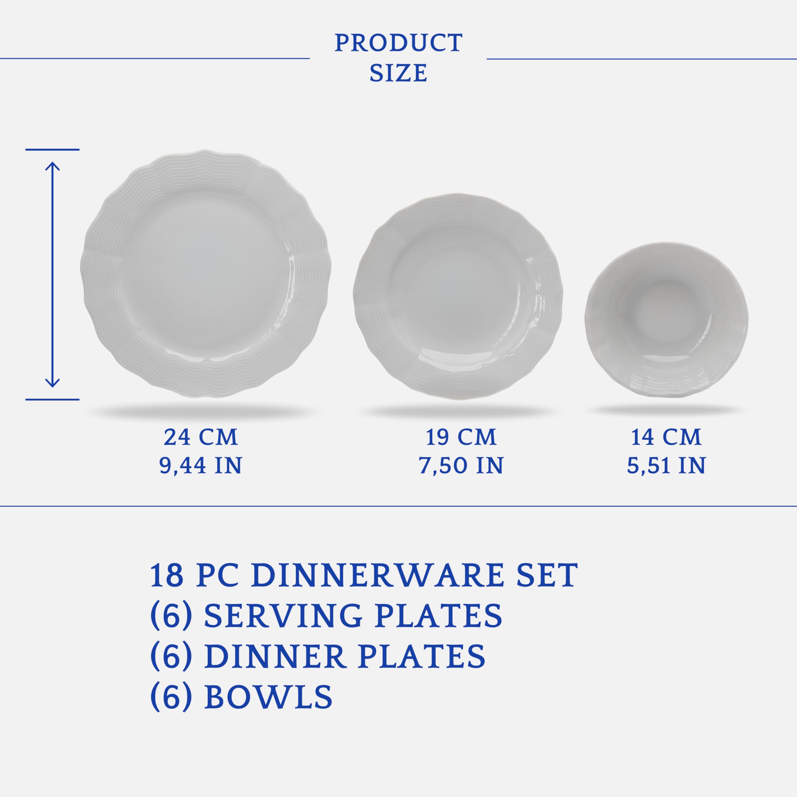 Vajilla de Porcelana Porland Ondulada - Vajilla de 18 Piezas Blanca– completa y elegante para 6 personas