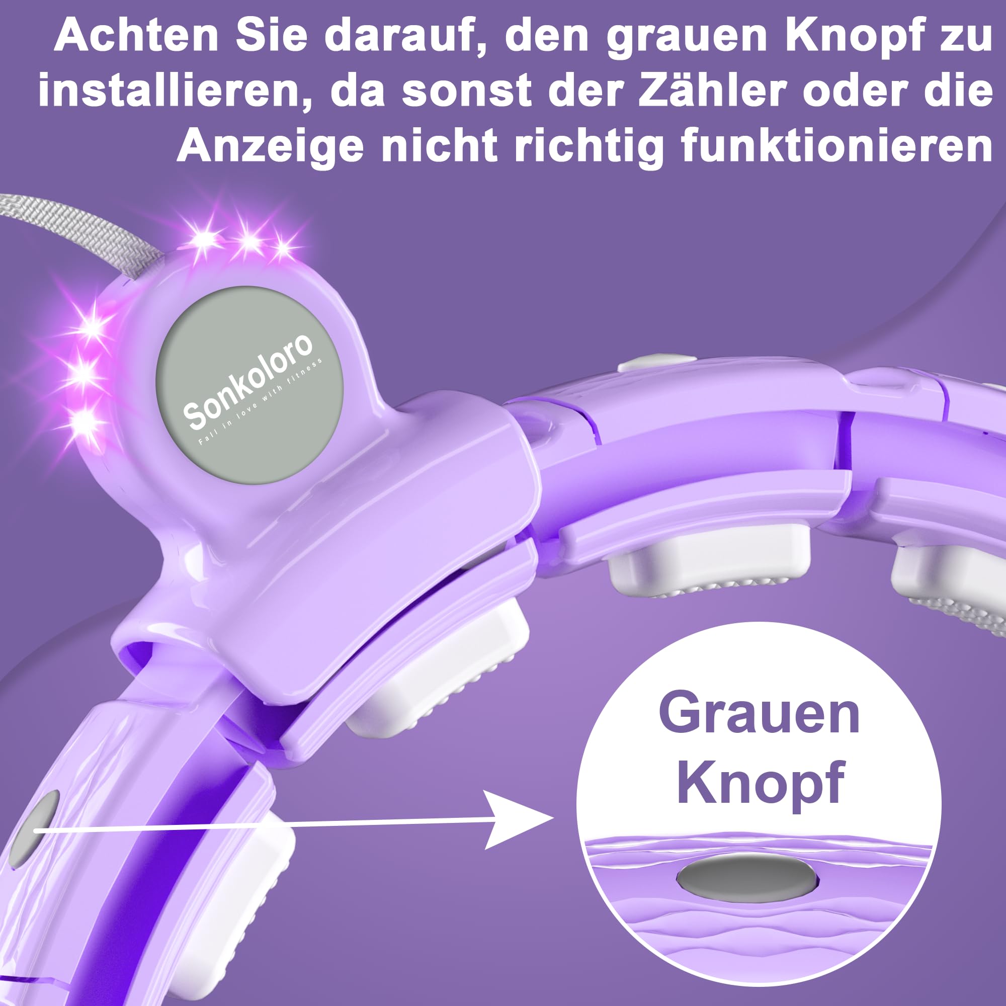 Gewichteter Smart Hula-Hoop mit LED, 44 Zoll ideal für Gewichtsverlust. Inklusive Ball Bauchmuskeltraining mit Taillengürtel, perfekt für zuhause(Lila)