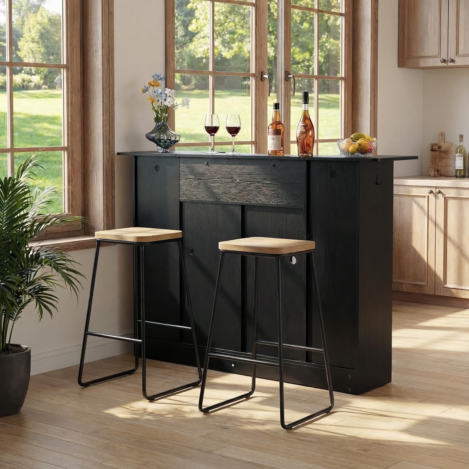 VEVOR Bancone da Bar per Casa, Mobile Tavolo da Salotto con 4 Ripiani Portabicchieri Portabottiglie, Bancone da Bar Luce LED in Legno 1500 x 460 x 1100 mm, Cucina Soggiorno Salotto Cantina, Nero