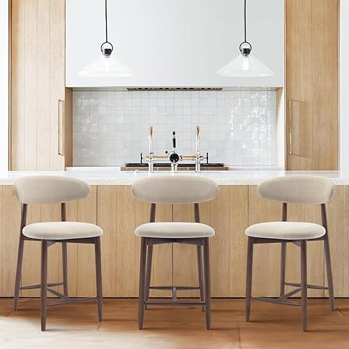 COLAMY - Juego de 3 bancos altos tapizados con respaldo, estilo moderno de mediados de siglo con patas de madera para isla de cocina y comedor, beige