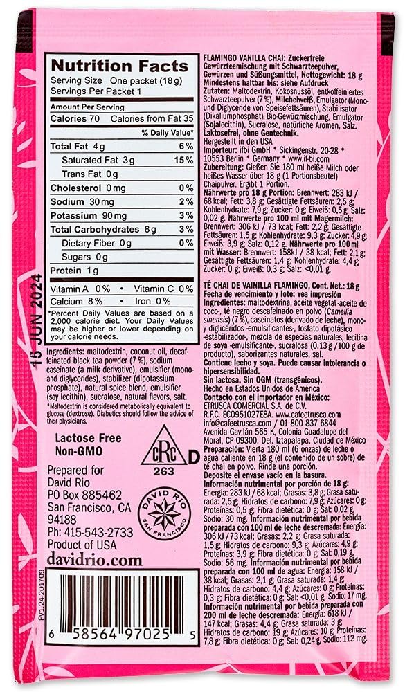 David Rio Flamingo Vanilla Chai Display I 12 x 18g Sachets I mit echten Zutaten I entkoffeiniertem schwarzem Tee, Vanille, Zimt & Kardamom, zuckerreduzierter Chai Tee ohne Koffein