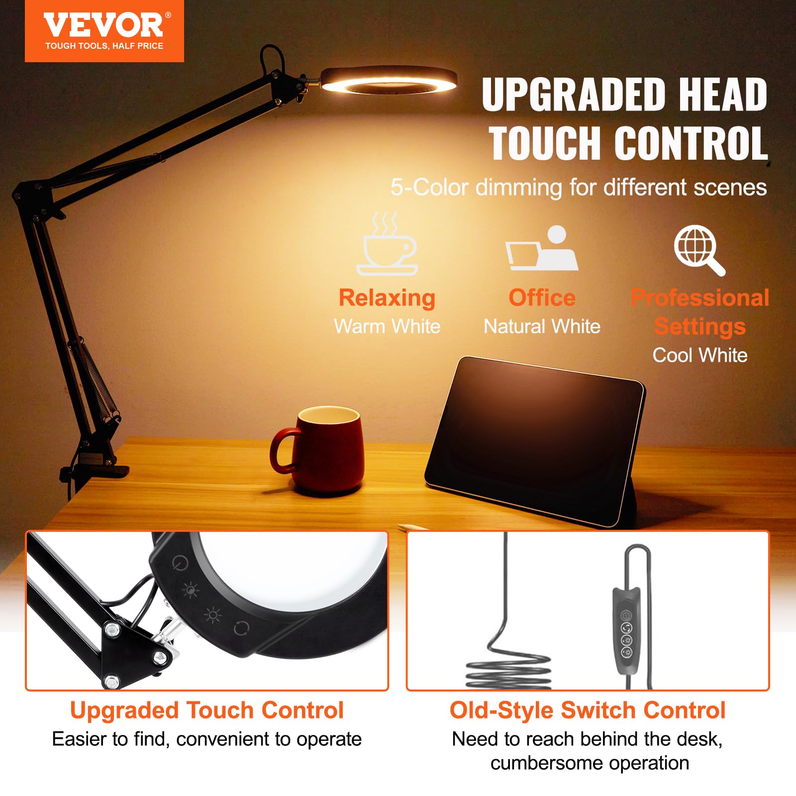 VEVOR 64 LED lampa z lupą, lampa robocza ze stojakiem, lampa stołowa 5 x powiększenie, 5-kolorowe ściemnianie, soczewka szklana 110 mm, inteligentne sterowanie dotykowe, idealna do pracy, nauki