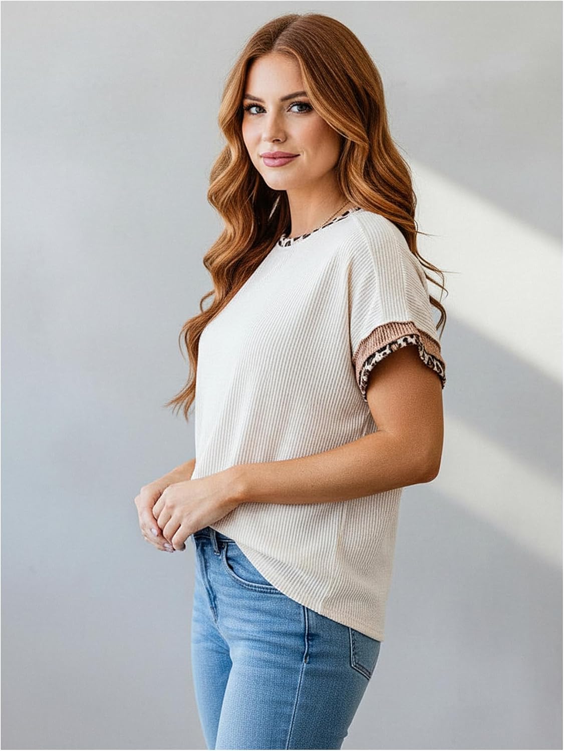 Women's Crew Neck Short Sleeve Loose T Shirts Summer Leopard Print Dressy Casual Tops - Image 3