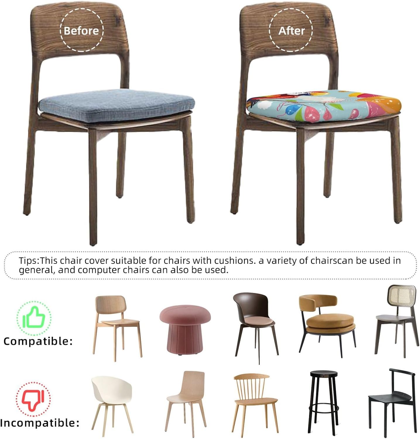 Cartoon Parrot Playing with Balloons Print Square Cushion Covers 6 Pcs Set Elastic Non-Slip Seat Cushion Slipcovers Pet Furniture Protectors for Chair, Sofa