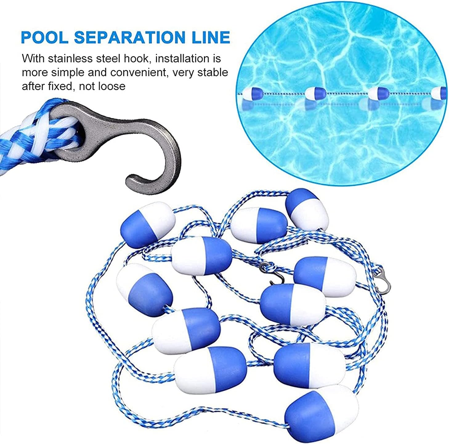 20’ Swimming Pool Safety Float Line Divider Rope Kits with 2 Pre-Assembled Stainless Hooks Pool Accessories for Inground Swimming Pool