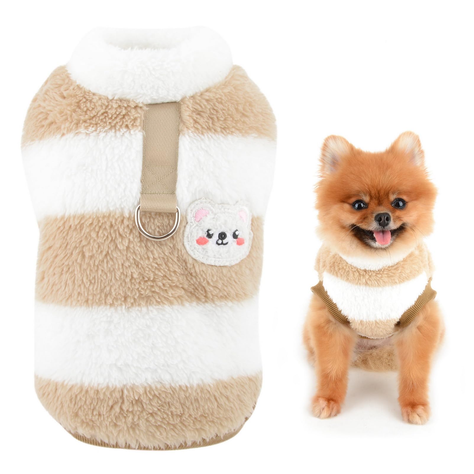 SMALLEE_LUCKY_STORE Striped Dog Fleece Jumper Puppy Pullover Sweatshirt Soft Warm Pet Cold Weather Coat for Small Dogs Cats with Leash Ring Yorkie Chihuahua Fall Winter Clothes,Brown,S