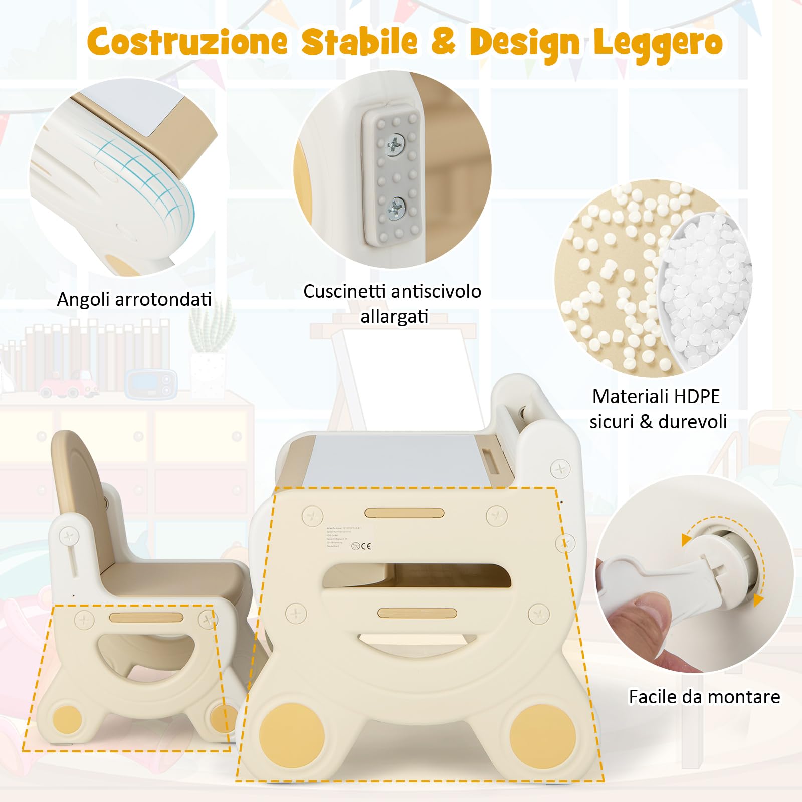 COSTWAY Set Tavolo e sedia per Bambini, Tavolo per Bambini con Sedia, Tavolo da Disegno Cancellabile e Ripiano, per Disegnare, Leggere, Giocare, Ideale per Bambini 3-8 Anni (Brown)
