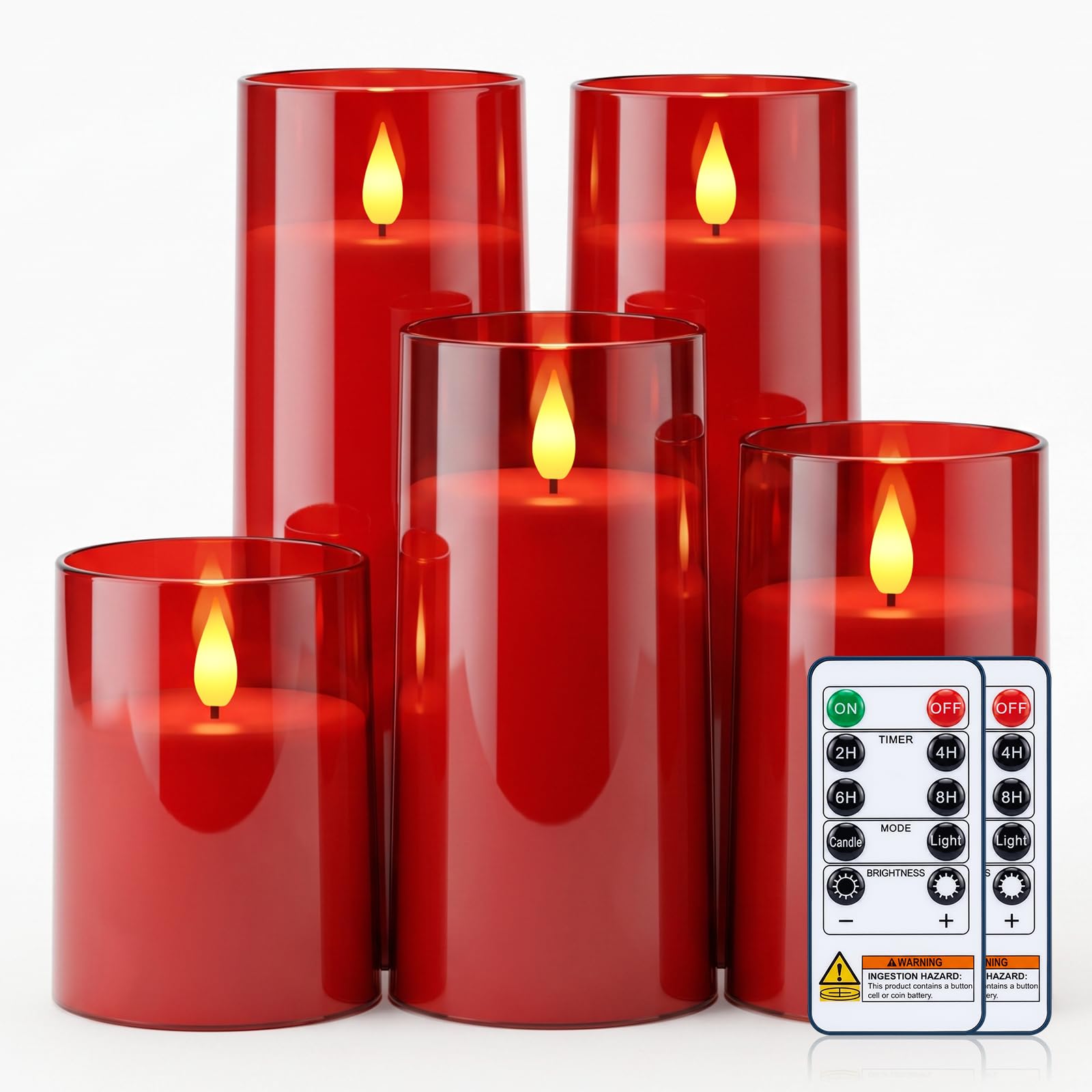 AMAGIC Flameless Candles with Transparent Acrylic Shell, Red, Set of 5