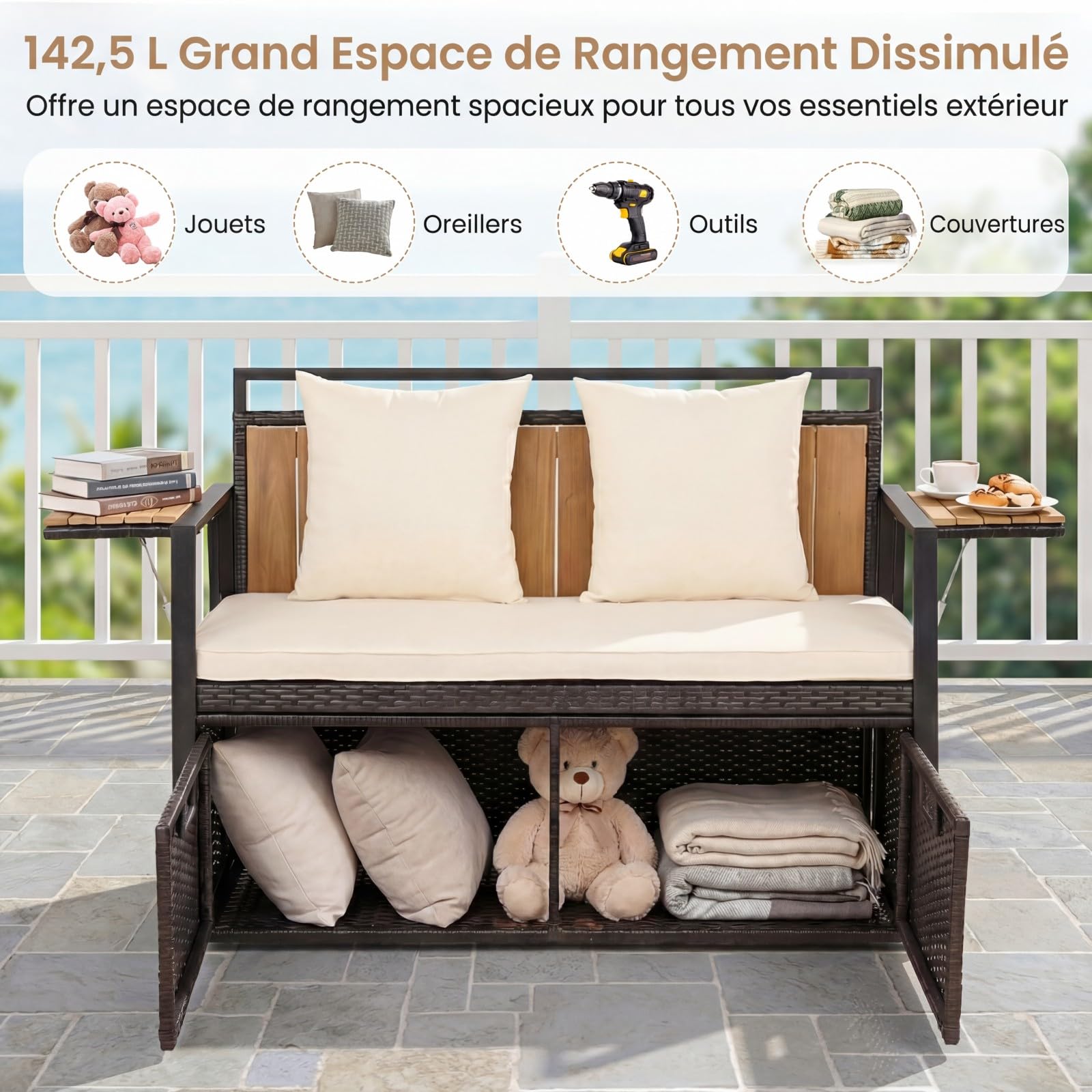 COSTWAY 2 en 1 Banc Coffre Extérieur en Rotin PE, Banc de Jardin 2 Places avec Coussins, Coffre de Rangement 142,5 L, 2 Tables d'Appoint Pliables, Charge 360 kg, pour Terrasse Jardin Balcon (Blanc)