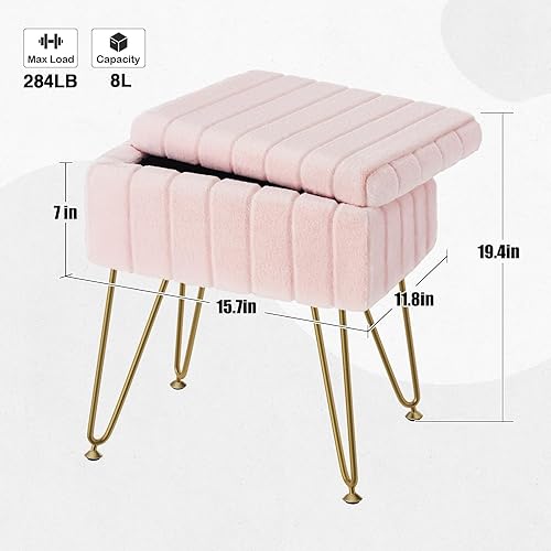 Miniatura 3 de Greenstell Vanity Stool Chair Faux Fur with Storage, 15.7"L x 11.8"W x 19.4"H Soft Ottoman 4 Metal Legs with Anti-Slip Feet, Furry Padded Seat,