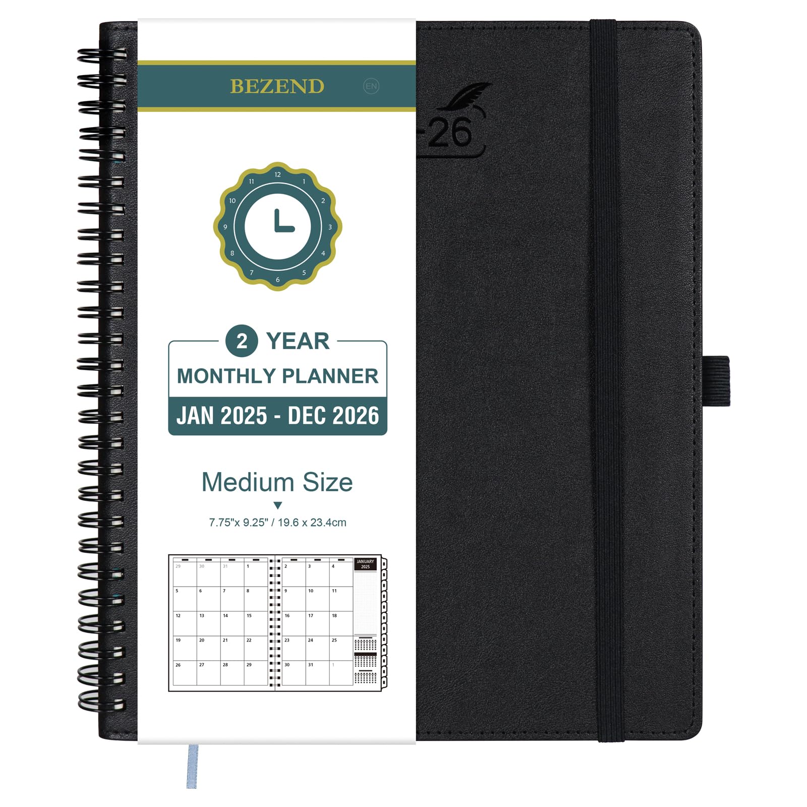 BEZEND 2 Year Monthly Planner 2025-2026 Medium Size 7" x 9" (Jan 2025 - Dec 2026) Spiral Calendar Book with Tabs, 120 GSM Thick Paper, Storage Pockets