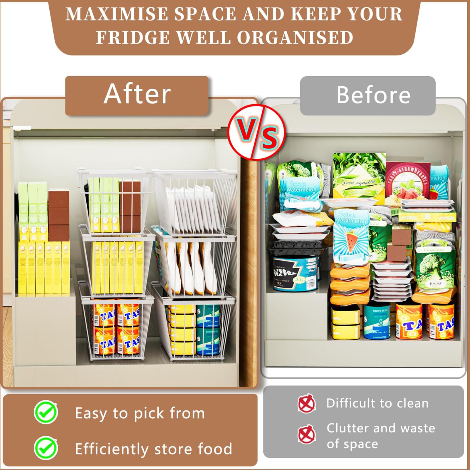 Canastas apilables para congelador, paquete de 4 cajas de almacenamiento apilables con asas para colgar en el refrigerador, estante de almacenamiento para helado, fácil de ordenar y obtener alimentos