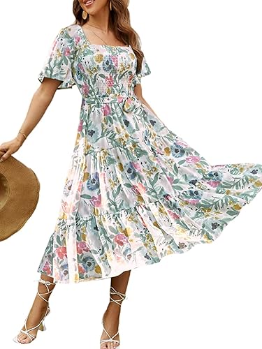Amegoya Women's Boho Flowy Long Sleeve Square Neck Floral Midi